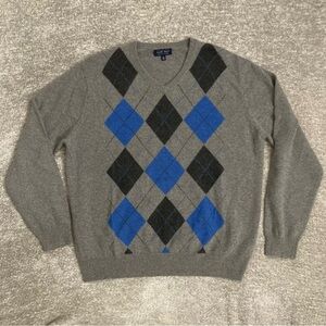 Allen Solly XL Argyle Cashmere Sweater Gray Blue 100% 2-Ply‎ V-Neck Classic
